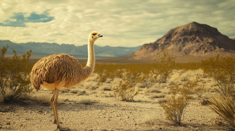 ostrich standing in a desert landscape near Primm, Nevada, surrounded by sparse vegetation with distant mountains