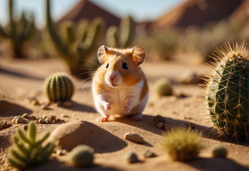 A golden hamster scurries across the sandy desert, surrounded by cacti and small desert animals