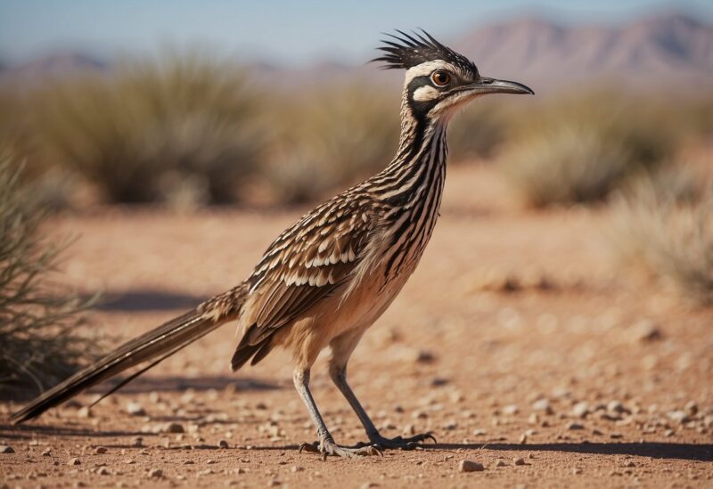 A Greater Roadrunner dashes across the arid desert landscape, its long tail trailing behind as it hunts for prey