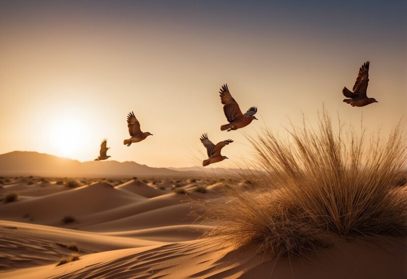 A flock of sandgrouse birds flies over a vast desert landscape, with rolling sand dunes and sparse vegetation. The sun sets in the distance, casting warm hues across the scene