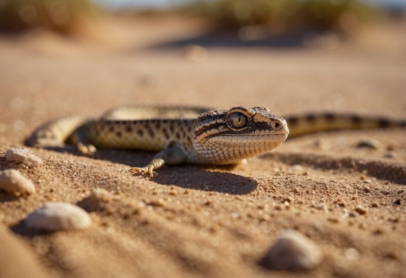 A sidewinder snake slithers across the sandy desert floor, while a scorpion scuttles nearby and a horned lizard basks in the sun