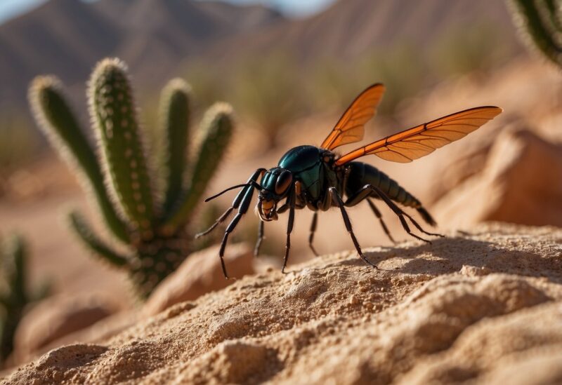 A Tarantula Hawk Wasp hovers over desert sand, with cacti and rocky terrain in the background