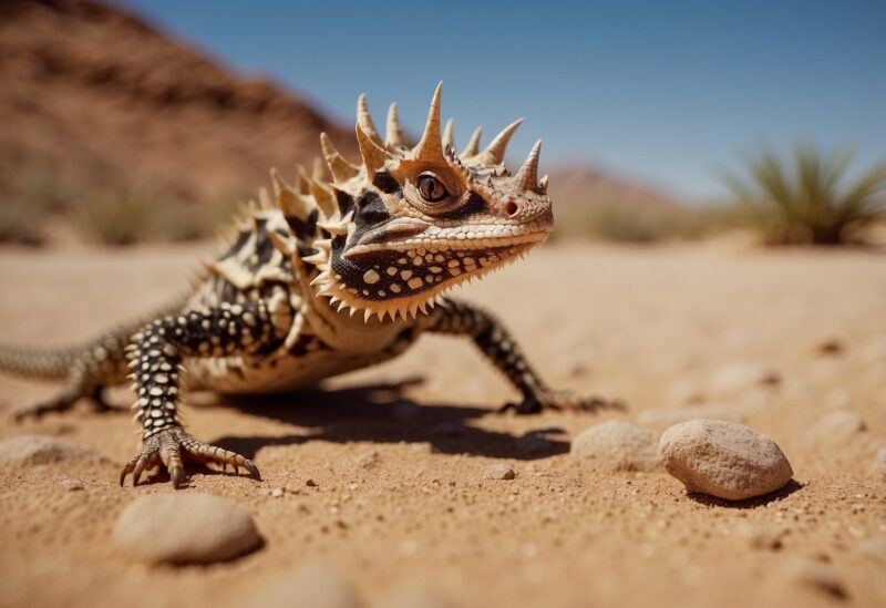 A Thorny Devil lizard walks across the hot desert sand, its spiky body blending in with the rocky terrain