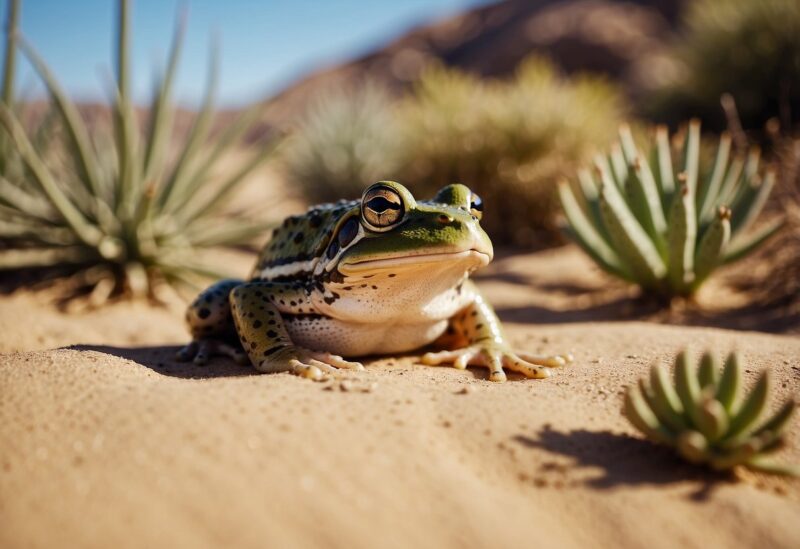 A water-holding frog sits on sandy desert ground, surrounded by dry shrubs and cacti, under a scorching sun