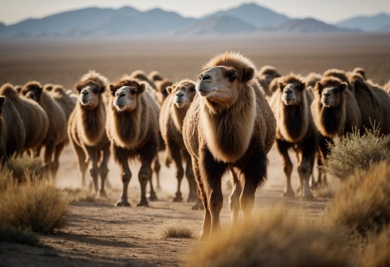 A herd of wild Bactrian camels roam the vast desert, their shaggy coats blending with the sandy landscape as they search for scarce vegetation