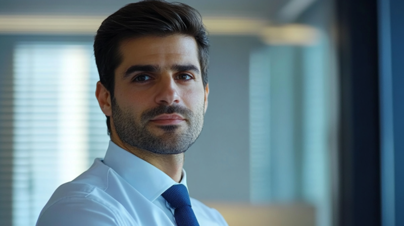 A Man in A Dress Shirt and Tie, Looking Confident in An Office Setting