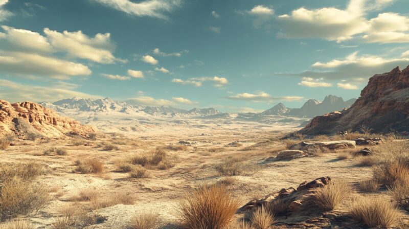 Vast view of the Mojave Desert features dry grasses and rocky formations, with distant mountains and a blue sky dotted with fluffy clouds