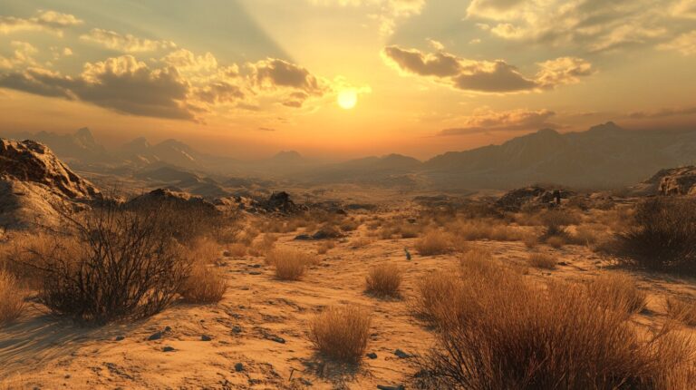 picturesque view of the Mojave Desert at sunset, featuring golden grasses, rocky terrain, and distant mountains under a colorful sky