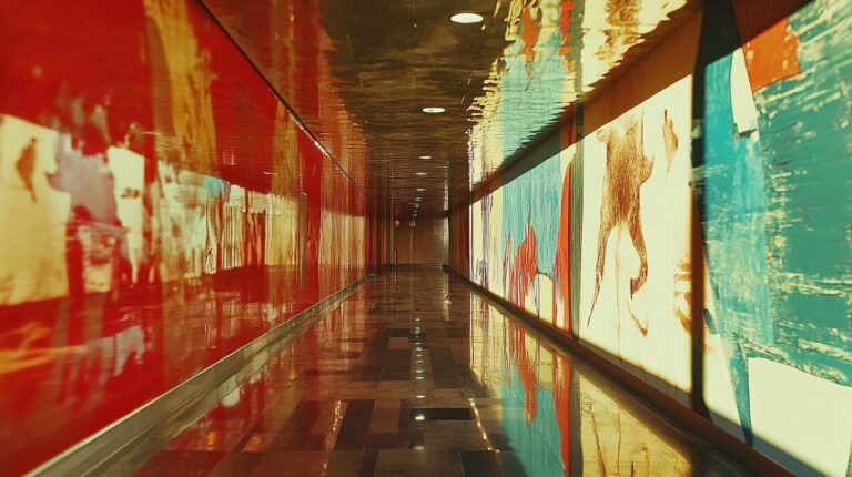 lit hallway with abstract art in red, blue, and yellow colors reflecting off the polished floor, creating a surreal and immersive atmosphere