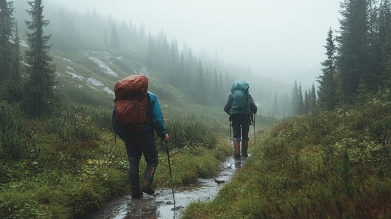 Two hikers with large backpacks walking through a foggy, rain-soaked mountain trail surrounded by lush greenery