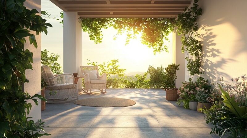 A picturesque covered patio with wicker chairs, climbing plants, and sunlight filtering through, creating a cozy and green retreat in a desert home