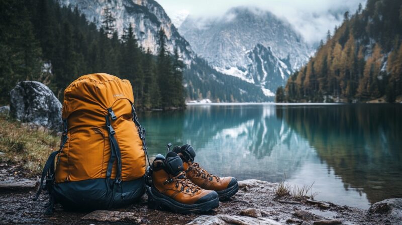 A yellow hiking backpack and boots placed on a rocky shore beside a clear alpine lake with misty mountains in the backgroundA yellow hiking backpack and boots placed on a rocky shore beside a clear alpine lake with misty mountains in the background