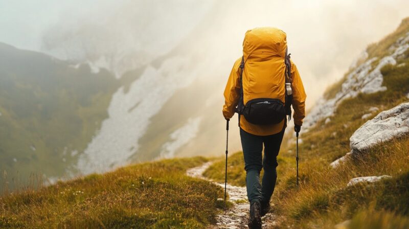 A hiker in a yellow jacket and backpack trekking along a misty mountain trail with trekking poles