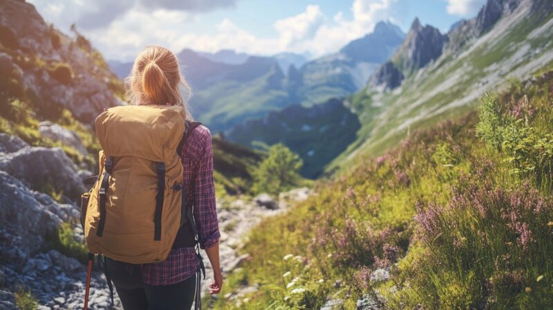 A female hiker with a yellow backpack walking along a scenic mountain trail surrounded by greenery and wildflowers