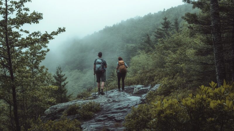 Two hikers with backpacks standing on a rocky ledge, overlooking a mist-covered forest