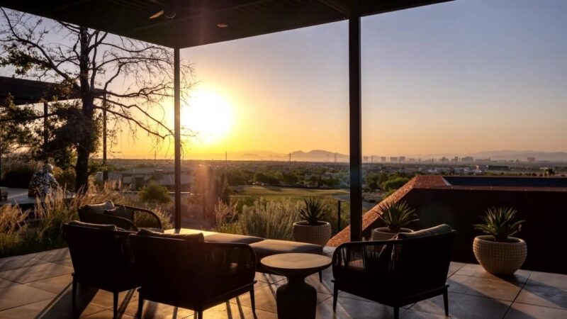 A scenic desert porch with comfortable outdoor furniture, overlooking a sunset with mountains in the background, offering a cozy atmosphere