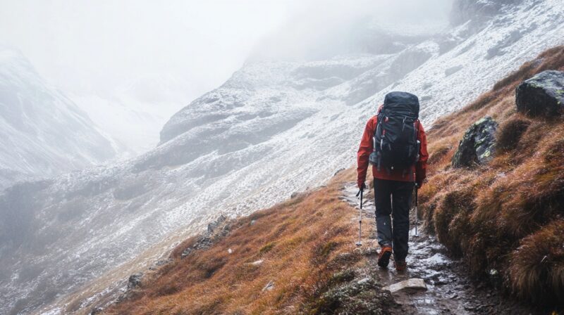 A hiker in a red jacket and black backpack trekking along a snowy mountain trail with trekking poles.